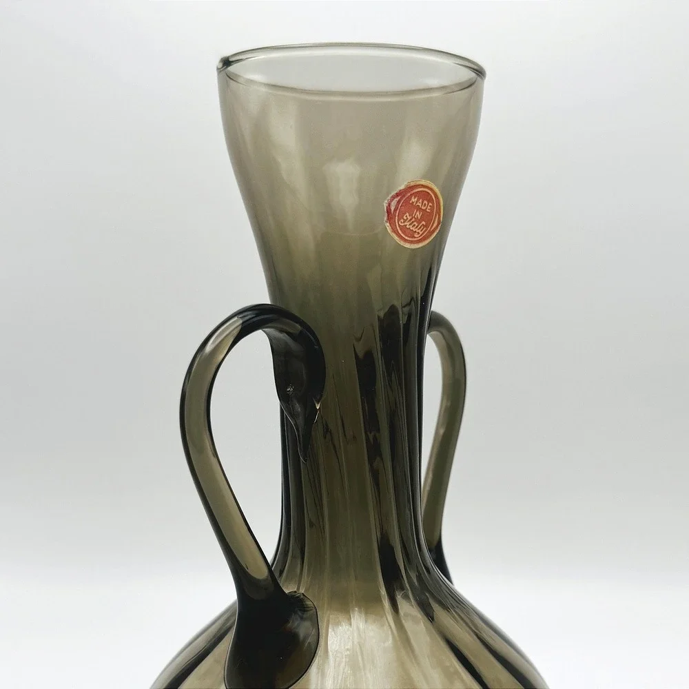 Vintage Empoli Italian Art Glass Double Handle Amphora Vase Smoke Gray Brown